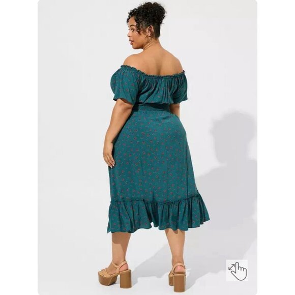 Torrid Size 4 Tea Length Challis Off-Shoulder Dress Blue-Green Florals - Picture 2 of 7